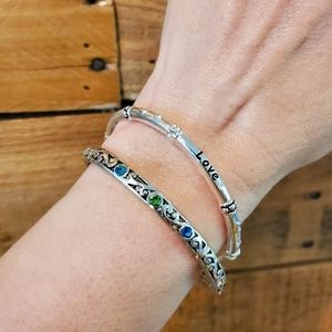 Set of 2 silvertone elastic bangles w/ pastel rhinestone details, love, hearts